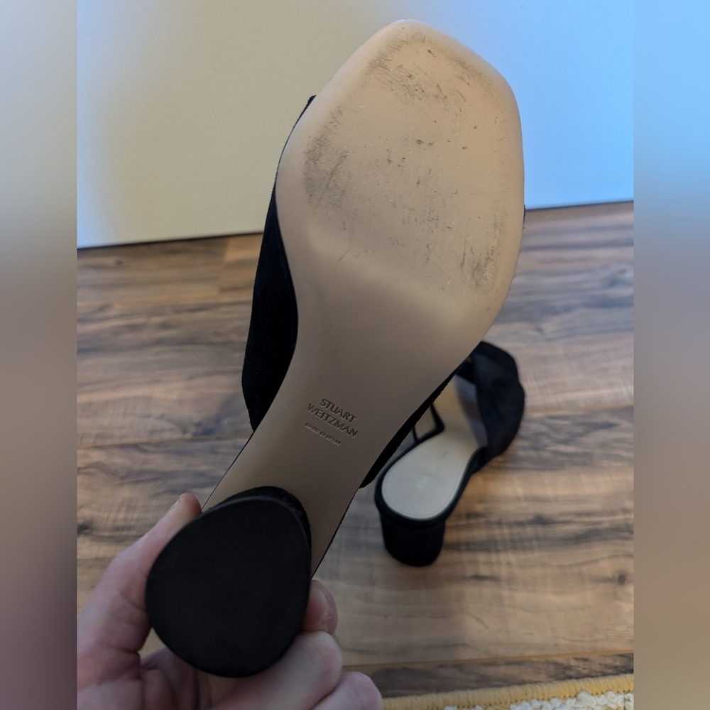 Stuart Weitzman Black suede Leather peep toe mules in a size 7.5. - Picture 10 of 12